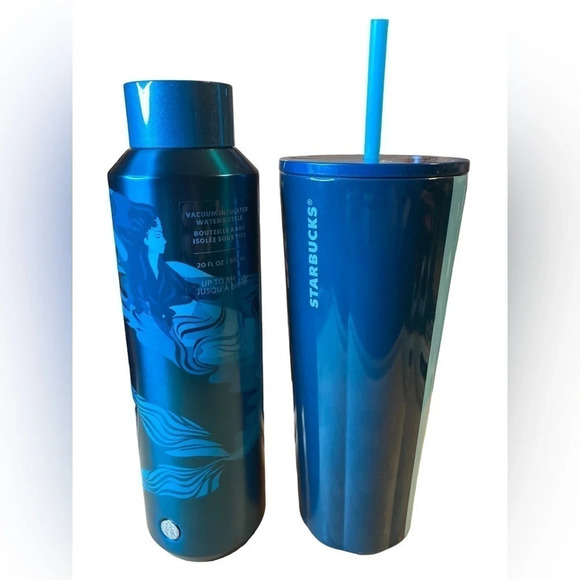 STARBUCKS Metal Venti 2-Color & Matching Mermaid Vac Insulated Water Bottle NWT - Picture 9 of 9